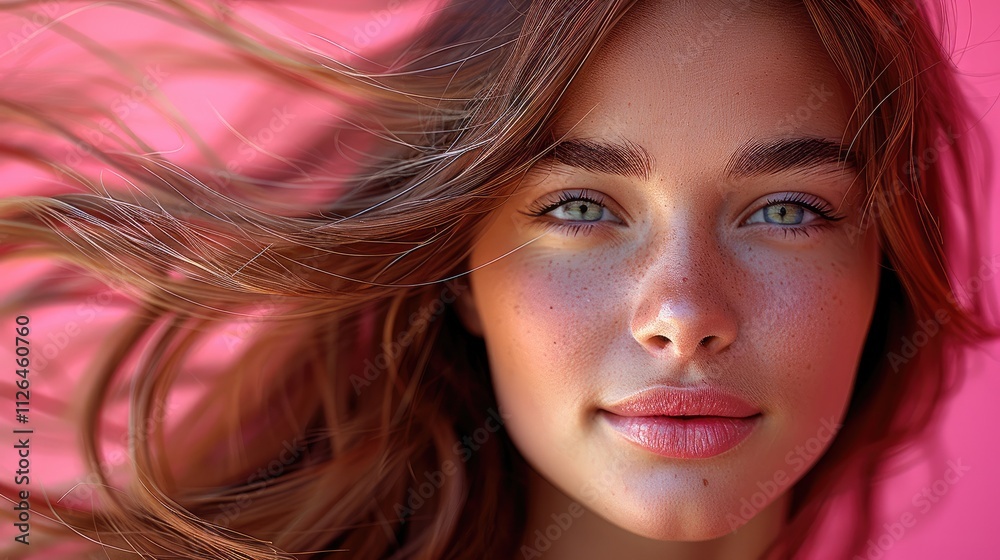 Fototapeta premium A woman with luscious, long hair in motion, her face showing a gentle smile while her hair flutters around her. The background is a bright pink, creating a fresh and cheerful mood.