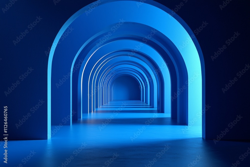 Fototapeta premium An arched corridor in blue, minimalistic, dark background