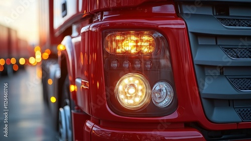 A red semi truck with its headlights on. The headlights are yellow and the truck is on a road