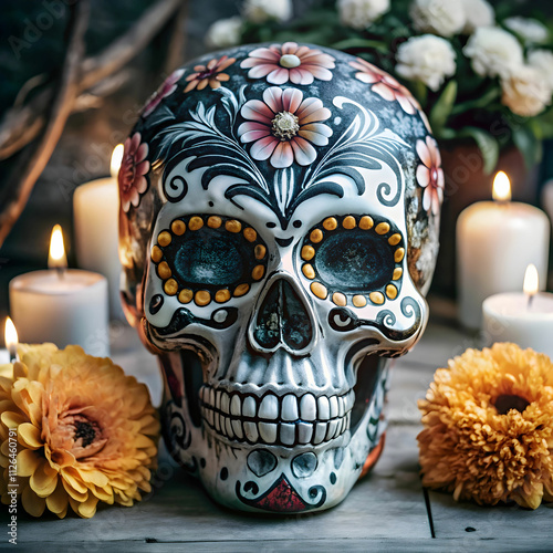 A vibrant sugar skull with intricate patterns symbolizes the Day of the Dead
