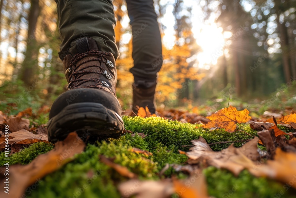 Hiker's boot stepping on soft moss in ancient forest nature exploration autumn landscape sunlit environment close-up viewpoint tranquil experience with vibrant colors Hiker's boot stepping on soft moss in ancient forest nature exploration autumn landscape sunlit environment close-up viewpoint tranquil experience with vibrant colors