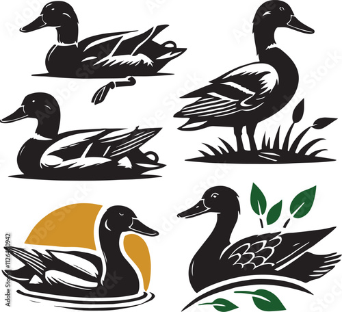 silhouette set of mallard in flying poses, black and white silhouette set , vector