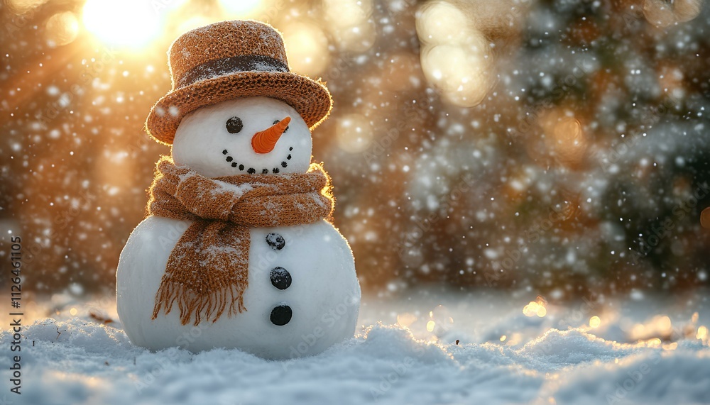 snowman in the snow during winter time. closeup of happy snowman surrounded by snowy winter landscape. cheerful winter snowma with a carrot nose, coal eyes, and a scarf, capturing essence of winter
