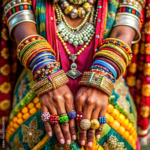 A close-up shot captures hands adorned with intricate cultural jewelry,