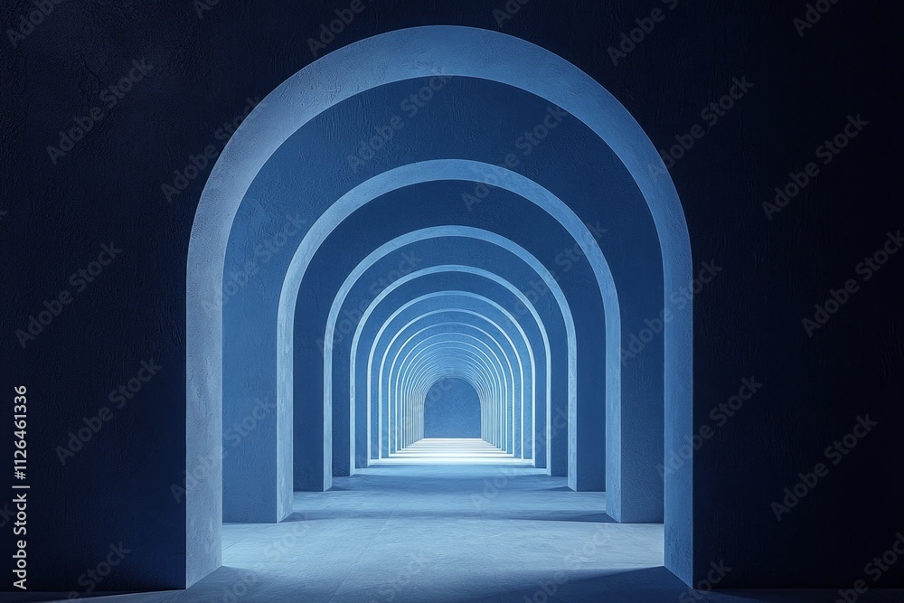 Fototapeta premium An arched corridor in blue, minimalistic, dark background
