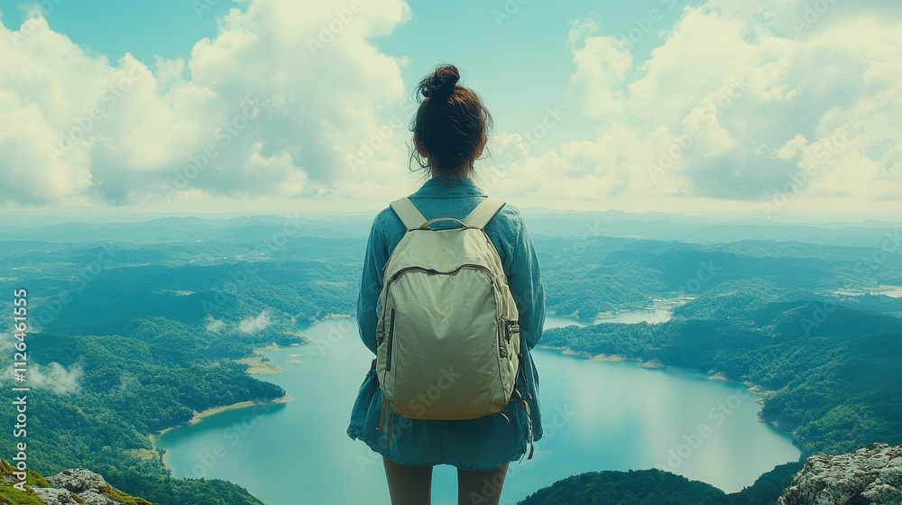 Fototapeta premium A woman is standing on a mountain top with a backpack on her back. She is looking out over a large body of water. Concept of adventure and exploration