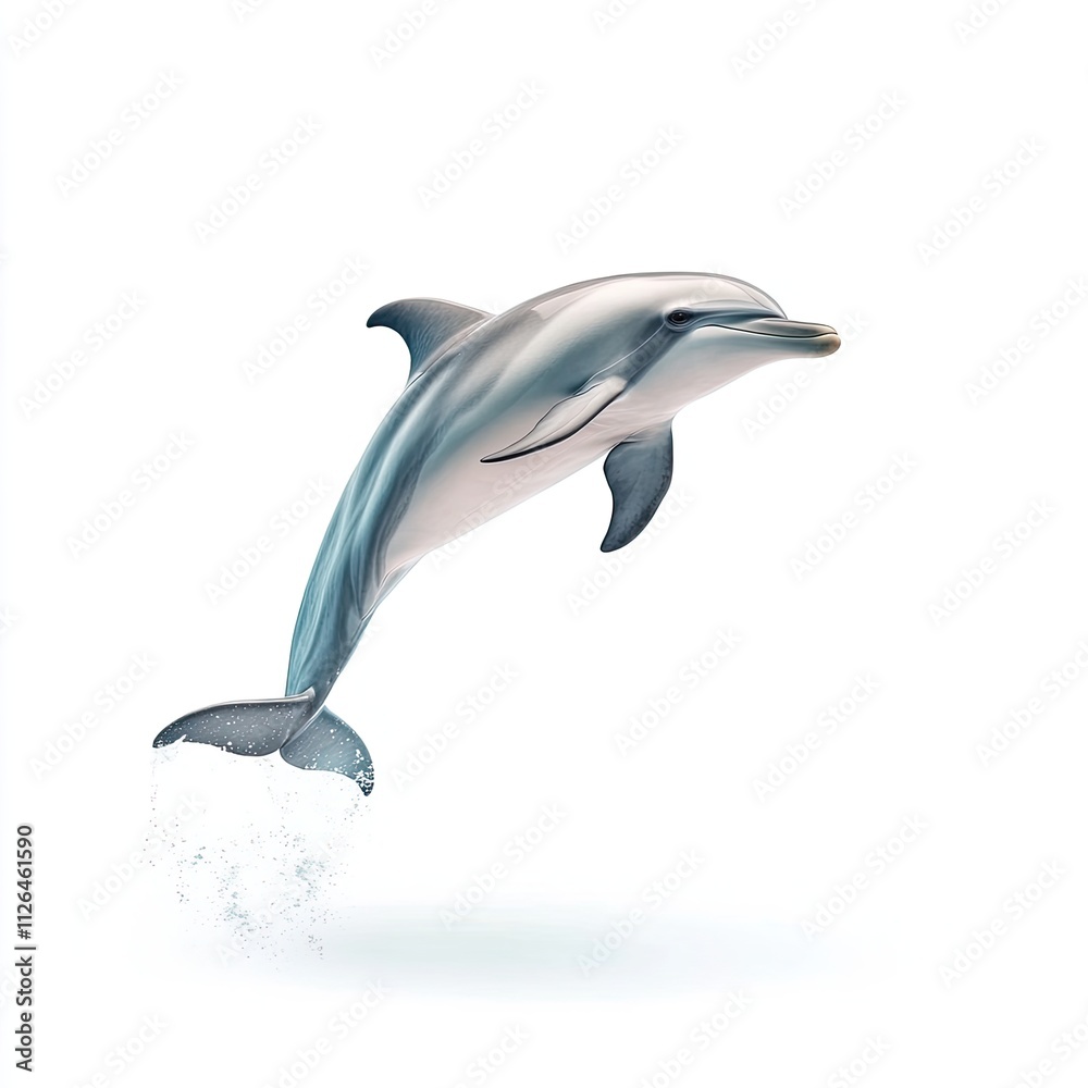 Fototapeta premium Majestic Dolphin Leaping Gracefully Above Clear Water Surface Against White Background for Aquatic Wildlife Imagery
