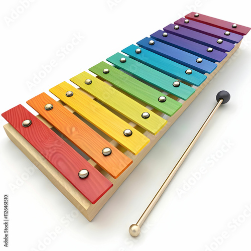 A colorful xylophone with metal keys arranged in a rainbow pattern