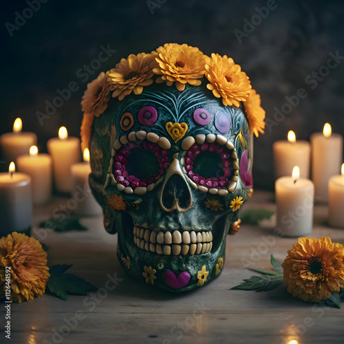 A vibrant sugar skull with intricate patterns symbolizes the Day of the Dead