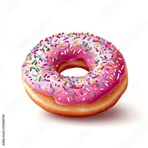 Delicious Pink Frosted Donut with Colorful Sprinkles on a White Background Perfect for Sweet Treat Themes photo