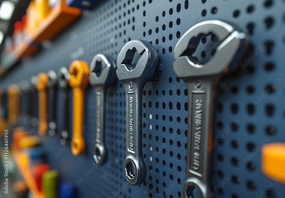 Fototapeta premium Metal wrenches hang on a perforated wall panel