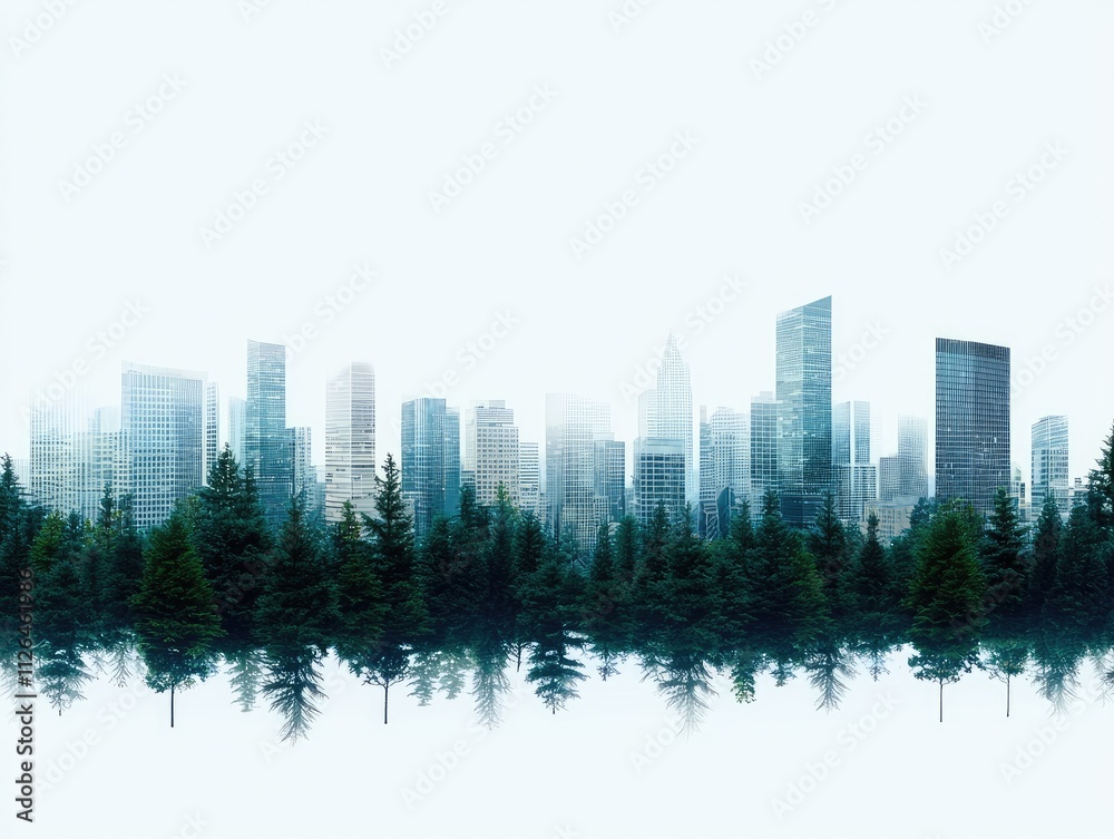 Obraz premium Urban Skyline with Misty Forest Landscape in the Foreground and Cityscape in the Background During a Foggy Day