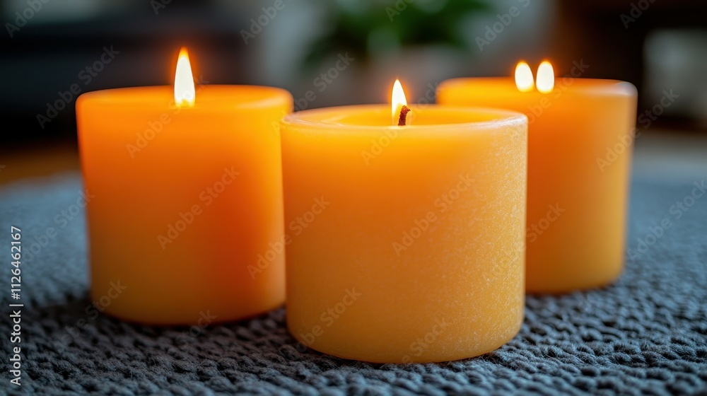 Three candles are lit and placed on a rug. The candles are yellow and the rug is blue. Scene is warm and cozy