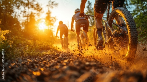 Three people are riding bikes on a dirt trail. The sun is shining brightly, casting a warm glow on the scene. The riders are enjoying the beautiful day