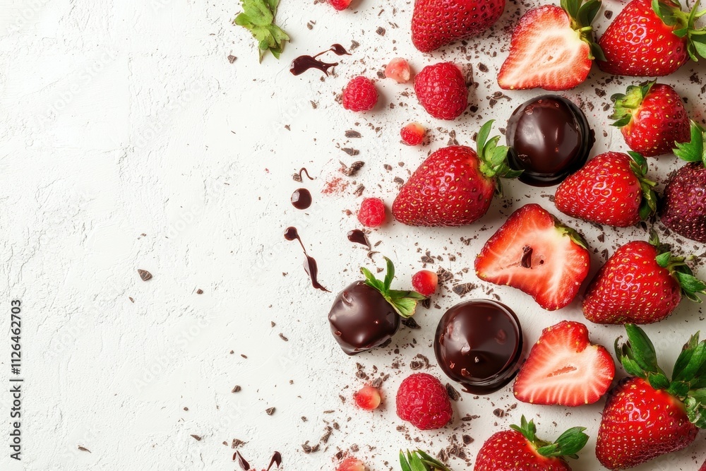 Fresh strawberries and raspberries drizzled with chocolate create a delightful dessert indulgence