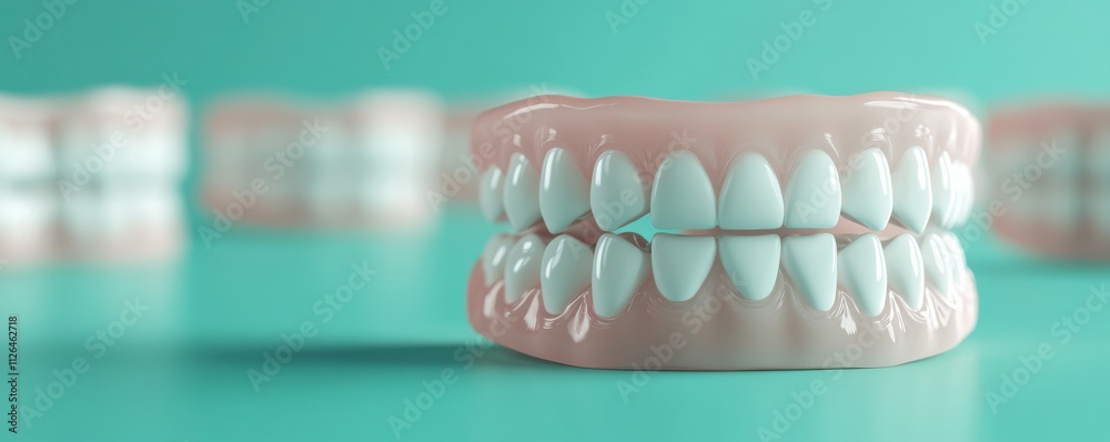 Fototapeta premium 3d multiple White teeth models on turquoise background copy space