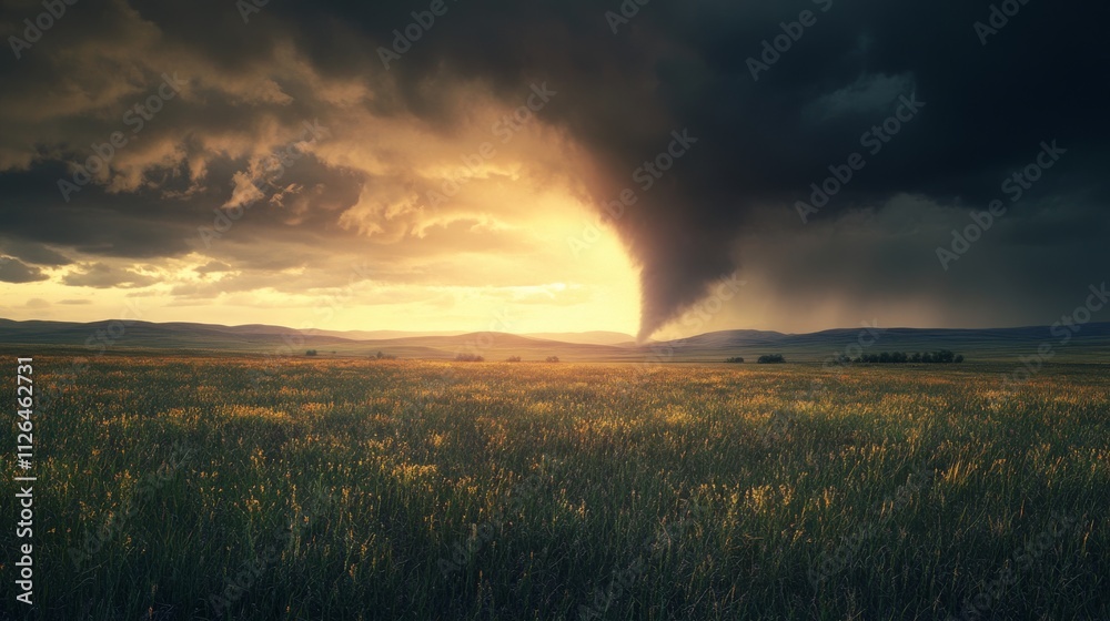 A tornado forming under a dark sky, moving across a dry A tornado forming under a dark sky, moving across a dry