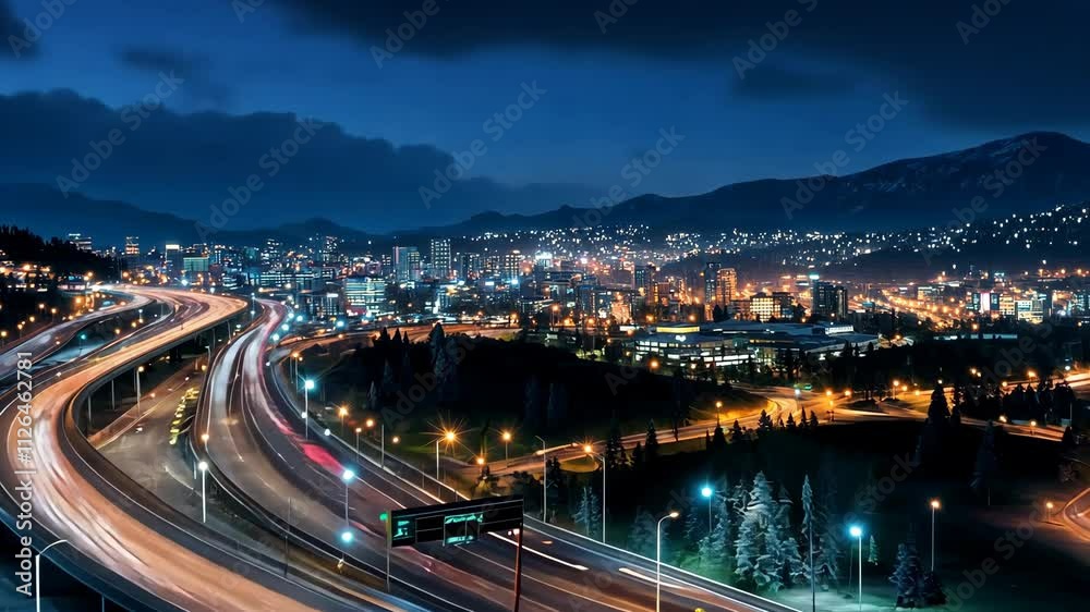 Highway interchange showing traffic flowing at night motion of cars through light trails urban feel of the infrastructure the image has a futuristic, dynamic atmosphere, bustling city Highway interchange showing traffic flowing at night motion of cars through light trails urban feel of the infrastructure the image has a futuristic, dynamic atmosphere, bustling city
