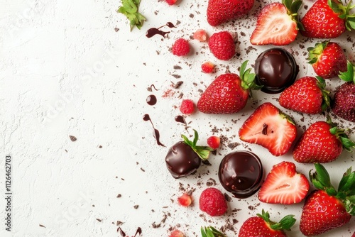 Obraz na płótnie Fresh strawberries and raspberries drizzled with chocolate create a delightful dessert indulgence w salonie