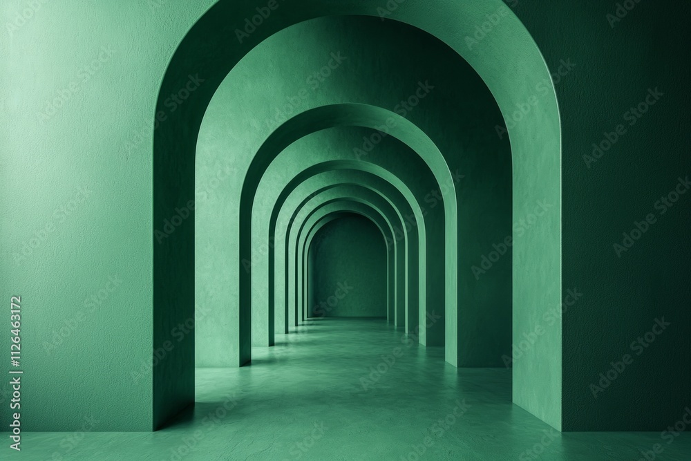 Fototapeta premium An arched corridor in green, minimalistic, dark background