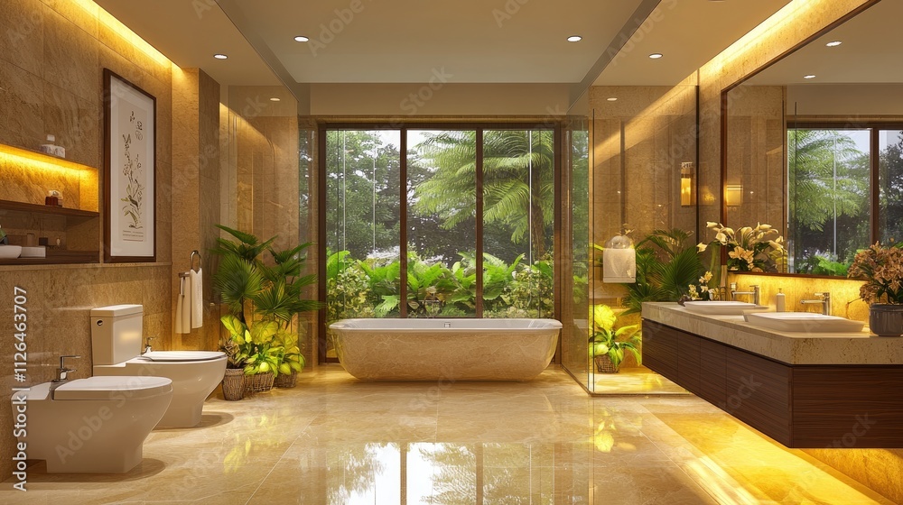 Fototapeta premium A modern bathroom with clean marble tiles, a spacious glass shower, and plants enhancing the fresh, luxurious vibe.