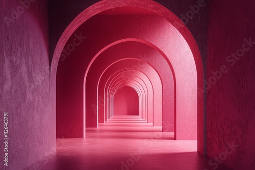 An arched corridor in pink, minimalistic, dark background