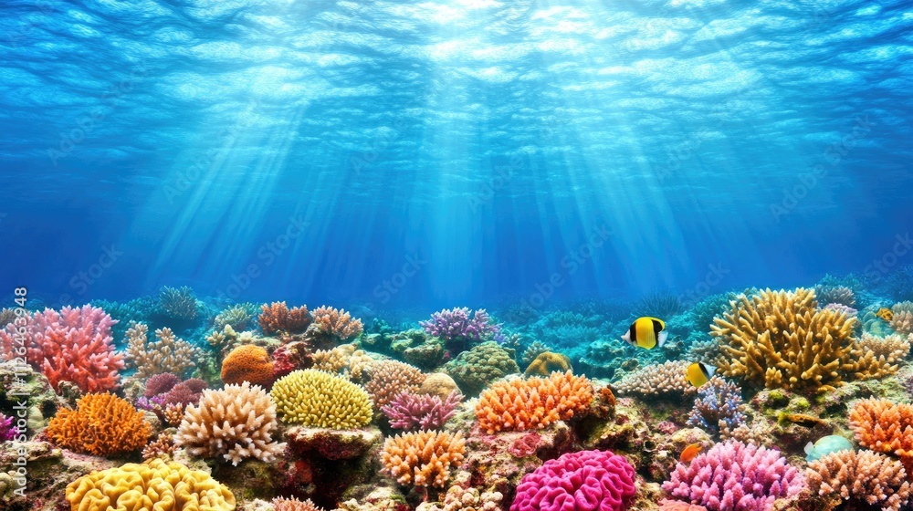 Naklejka premium Underwater Scene of Vibrant Coral Reef with Tropical Fish and Sunlight Shining Through Crystal Clear Ocean Waters