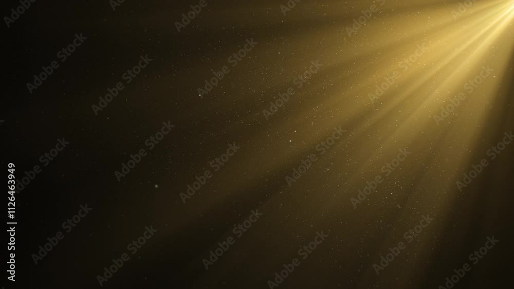 Beautiful Gold Volume Light in the Dark Seamless. Golden Rays Moving on Black Background with Floating Dust Particles Looped 3d Animation. Underwater Sun Beams Shining Deep 4k.