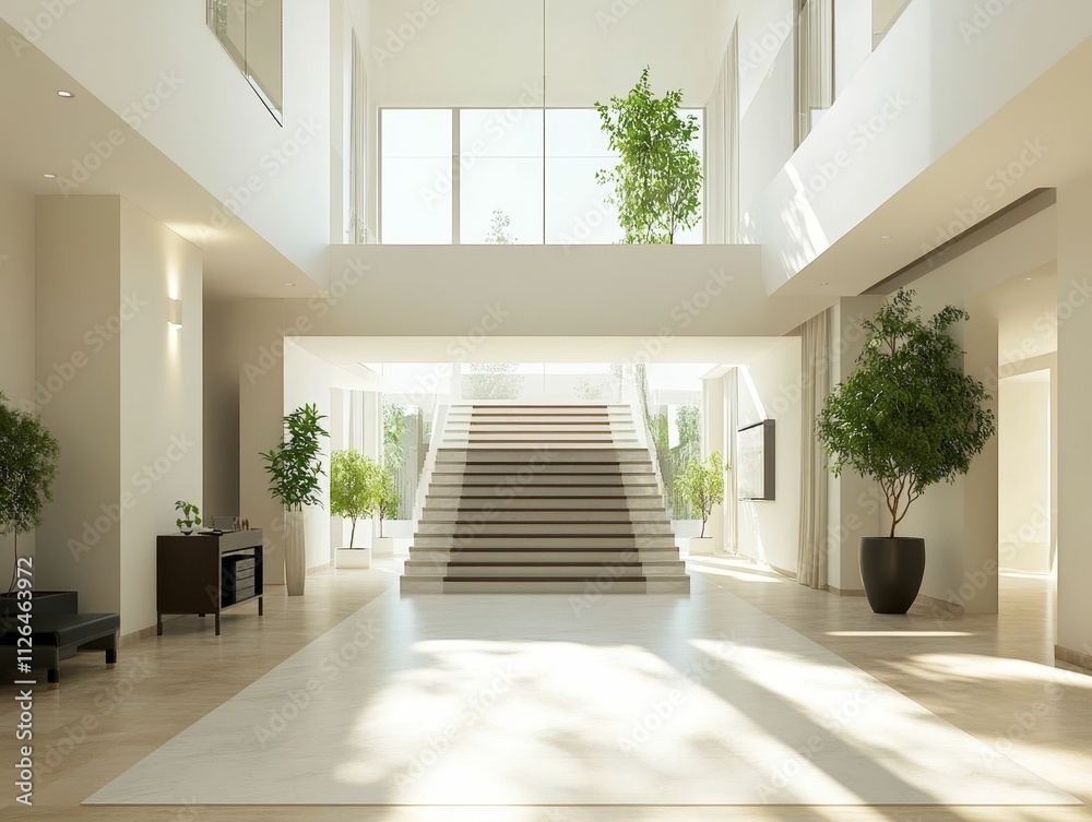 Fototapeta premium Bright, airy entryway with central staircase, plants.