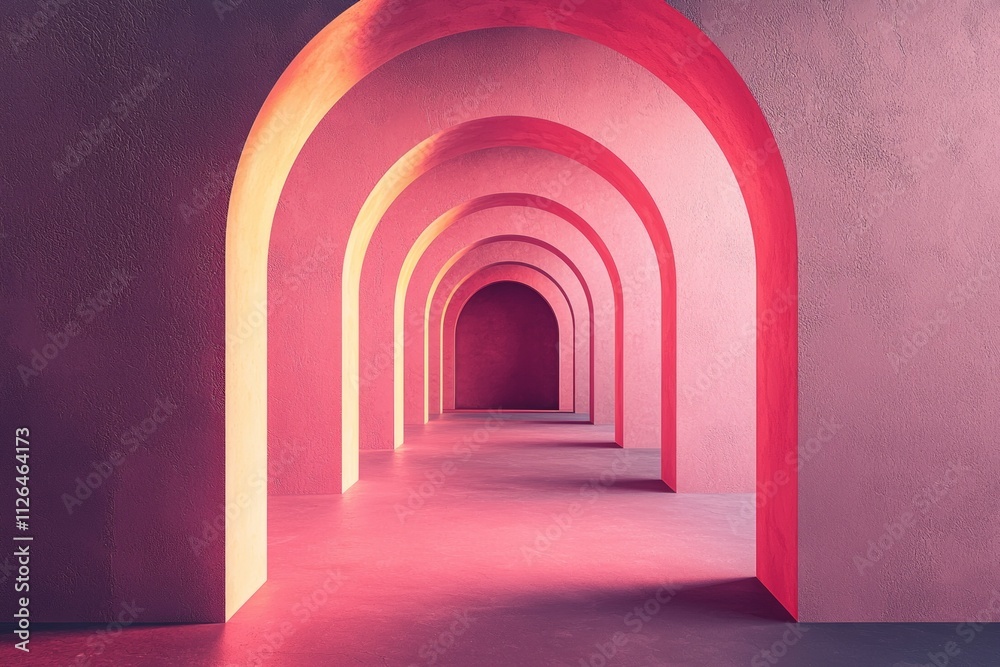 Fototapeta premium An arched corridor in pink, minimalistic, dark background