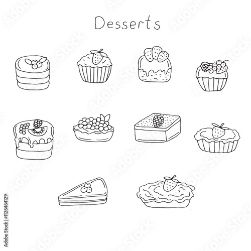 Cakes with berries set, vector illustration hand drawn doodles