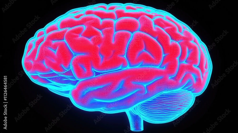 A neon-colored 3D human brain model with glowing highlights marking its various regions. A neon-colored 3D human brain model with glowing highlights marking its various regions.