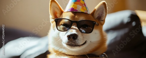 A cute shibu inu dog wearing a celebration party hat and sunglasses photo