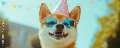 A cute shibu inu dog wearing a celebration party hat and sunglasses photo