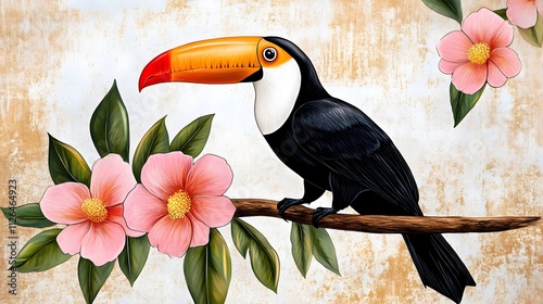 Colorful toucan perched on a branch surrounded by vibrant pink flowers and lush green leaves against a textured golden background, showcasing tropical beauty. photo