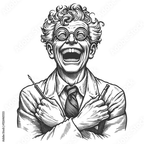 crazed scientist laughing maniacally with syringes in their hair, essence of chaotic science and eccentricity sketch engraving generative ai vector illustration. Black and white image.