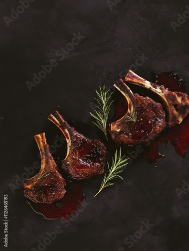 A gourmet presentation of three lamb chops garnished with rosemary on a dark background.