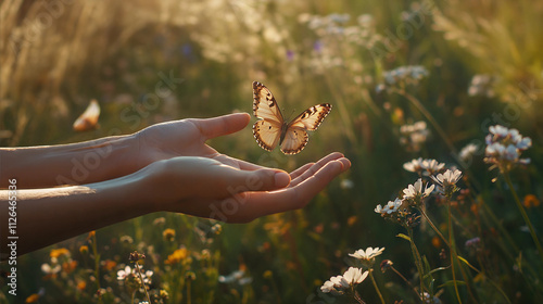 Woman hands releasing butterfly. Sense of freedom and connection to nature