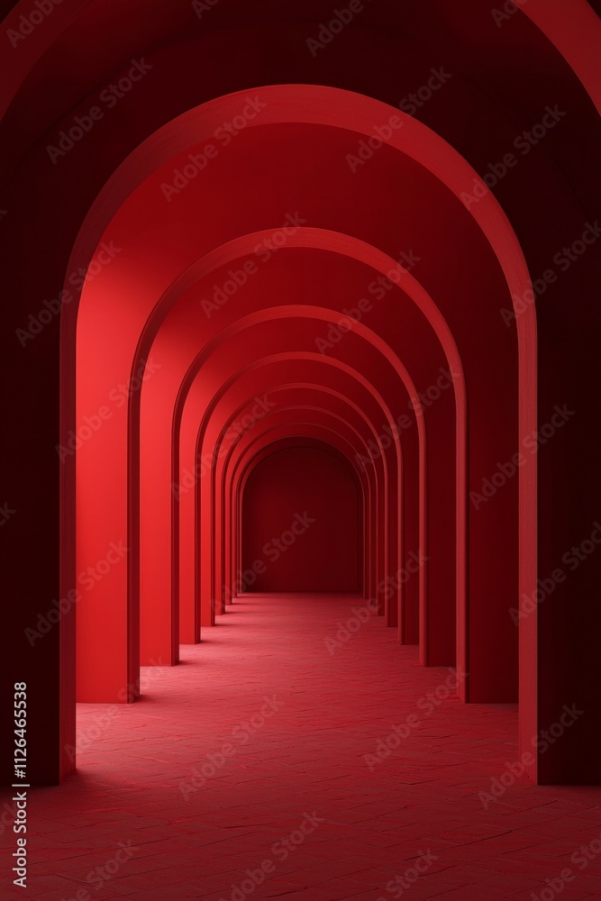 Fototapeta premium An arched corridor in red, minimalistic, dark background