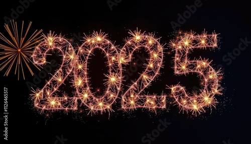 A festive display of the year 2025 created with sparkling effects against a dark background.