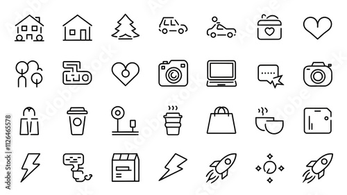 A collection of line icons. There are icons of a heart, a brain, a light bulb, a coffee cup, a house, a car, a building, a tree, a phone, and a camera. The icons are in black and white.