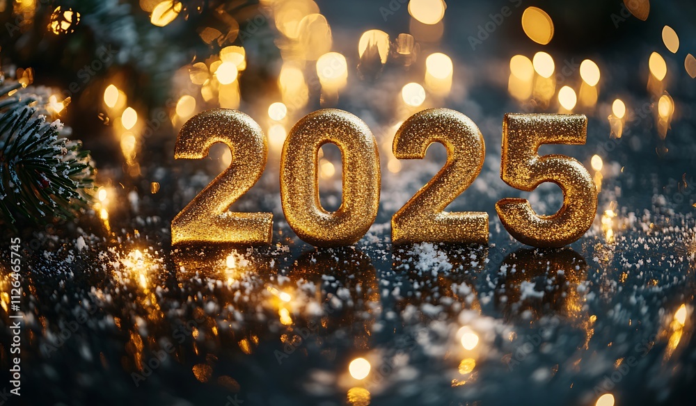 Happy New Year 2025 Number with Gold Color on a Black Surface Happy New Year 2025 Number with Gold Color on a Black Surface