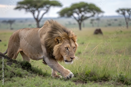 Wallpaper Mural A powerful male lion moves stealthily through tall grass, muscles taut and eyes locked on its prey, blending seamlessly with the golden savanna in silent pursuit. Torontodigital.ca