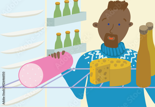 Man Open Refrigerator for Food. Overeating Guilty Pleasure. Late Snack on Midnight.Unhealthy Bad Habbits in Vector Illustration. Overweight Diet. Junk Food Addiction Banner Image.