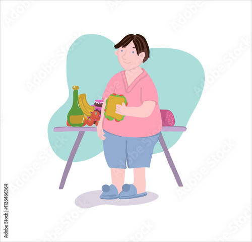 Man Open Refrigerator for Food. Overeating Guilty Pleasure. Late Snack on Midnight.Unhealthy Bad Habbits in Vector Illustration. Overweight Diet. Junk Food Addiction Banner Image.