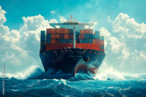 Large cargo ship sailing through ocean waves under a cloudy sky. Front view of container vessel. Global trade and maritime transport concept