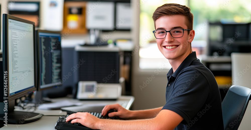 A young man wearing glasses, smiling while working on computer coding at a desk. Modern office setting with dual monitors and natural light in the background A young man wearing glasses, smiling while working on computer coding at a desk. Modern office setting with dual monitors and natural light in the background