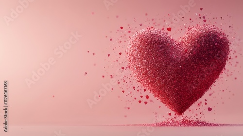 Heart made of sparkling particles floats against a soft pink background showcasing love and beauty