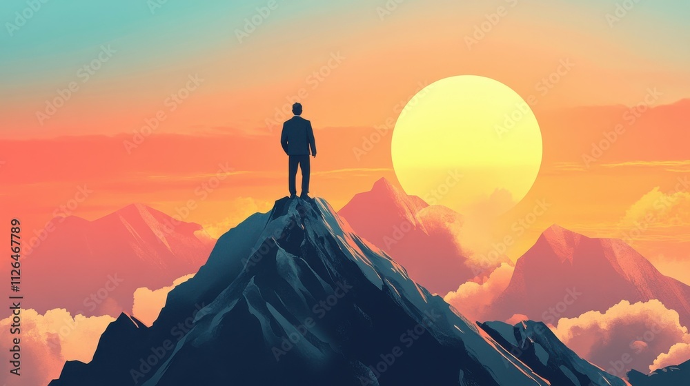 A businessman stands atop a mountain peak at sunrise, symbolizing vision, achievement, and leadership.