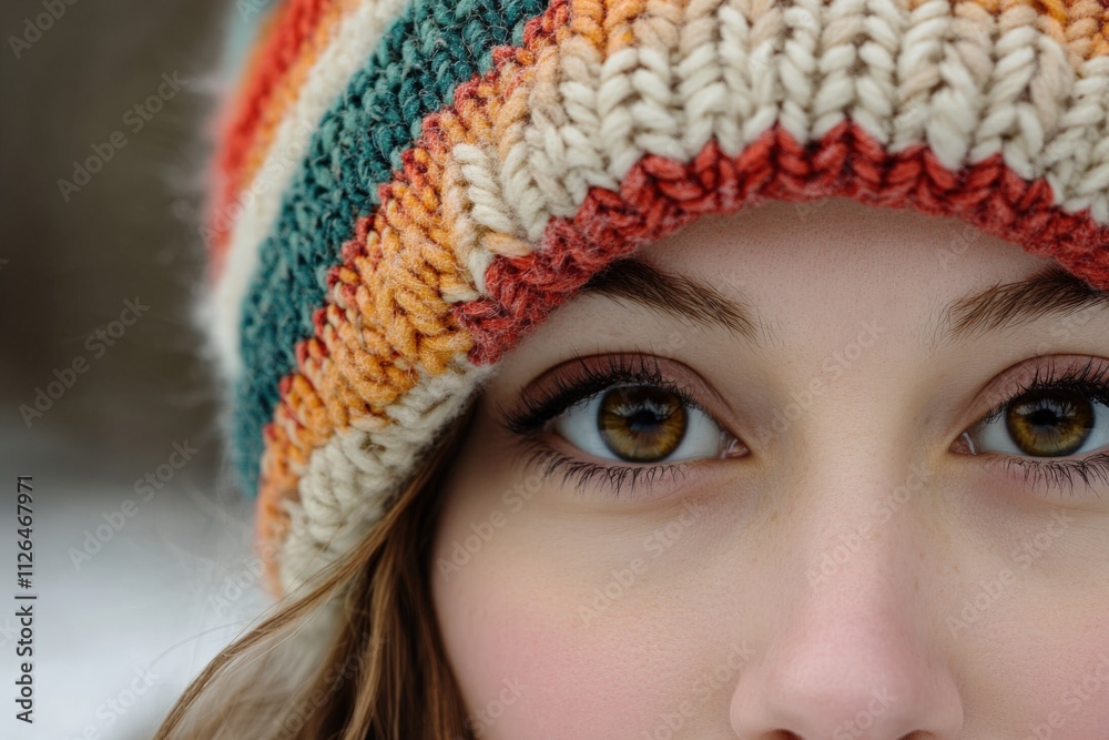 close-up of a person wearing a colorful knitted hat